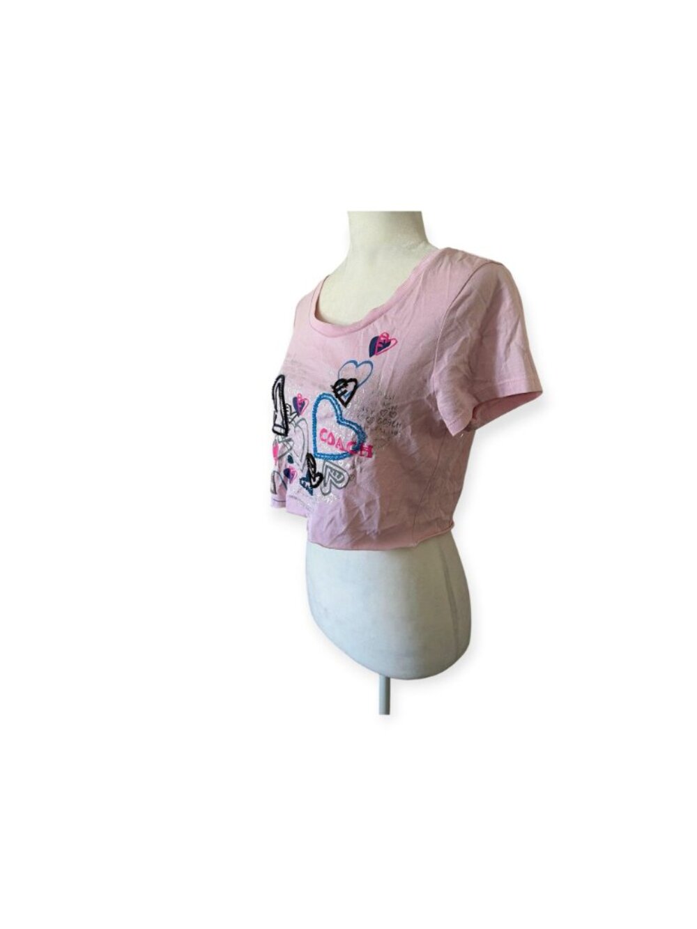 Vintage Coach Poppy Pink Heart Graphic Crop T-Shirt Womens S Rare Y2K Graffiti - Picture 3 of 14